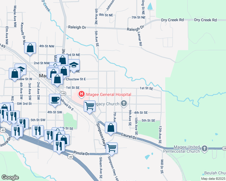 map of restaurants, bars, coffee shops, grocery stores, and more near 208 7th Avenue North East in Magee