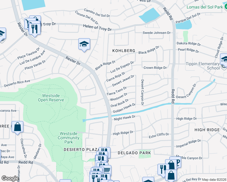 map of restaurants, bars, coffee shops, grocery stores, and more near 7217 Tierra Taos Drive in El Paso