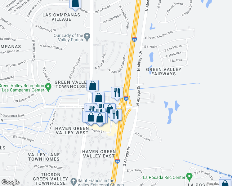 map of restaurants, bars, coffee shops, grocery stores, and more near 90 West Esperanza Boulevard in Green Valley