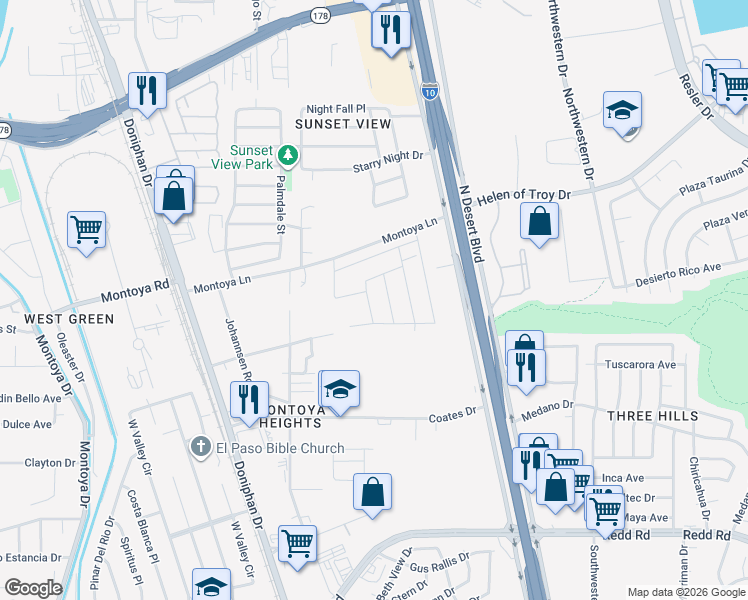 map of restaurants, bars, coffee shops, grocery stores, and more near 6092 Rivet Place in El Paso