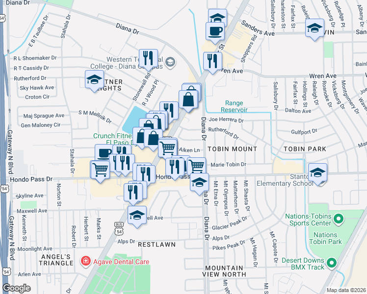 map of restaurants, bars, coffee shops, grocery stores, and more near 4939 Aiken Ln in El Paso