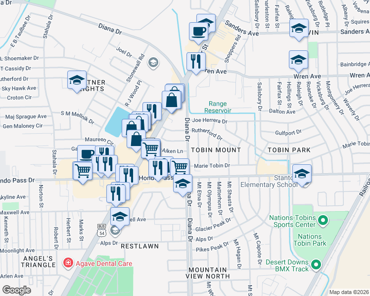 map of restaurants, bars, coffee shops, grocery stores, and more near 4971 Aiken Lane in El Paso