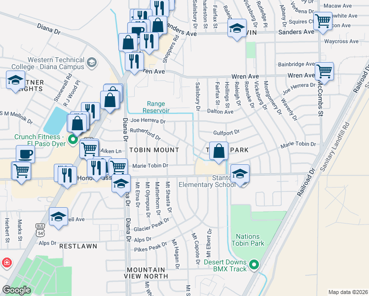 map of restaurants, bars, coffee shops, grocery stores, and more near 9132 Mount Rushmore Lane in El Paso