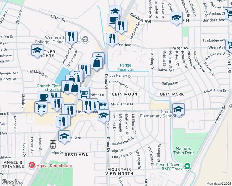 map of restaurants, bars, coffee shops, grocery stores, and more near 9132 Mount Etna Drive in El Paso