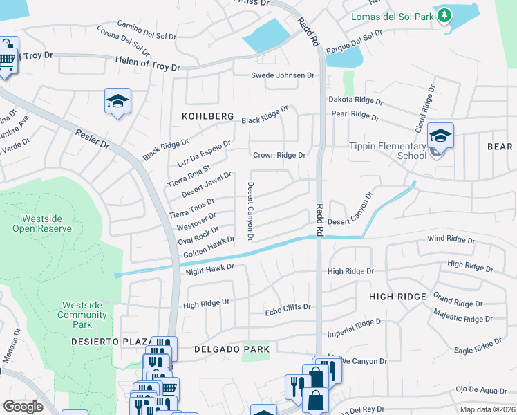 map of restaurants, bars, coffee shops, grocery stores, and more near 7025 Mineral Ridge Drive in El Paso