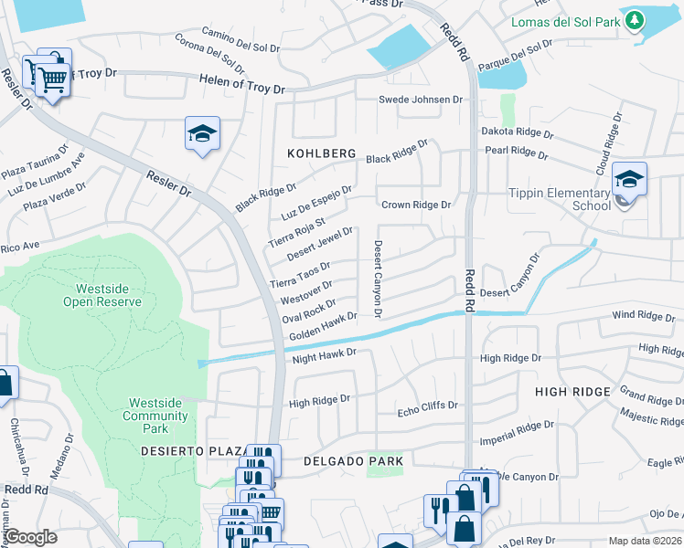 map of restaurants, bars, coffee shops, grocery stores, and more near 7101 Westover Drive in El Paso