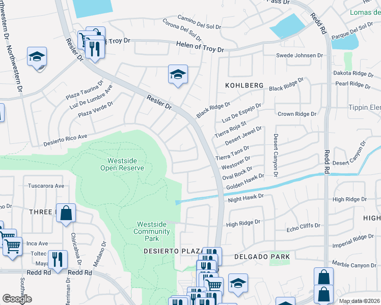 map of restaurants, bars, coffee shops, grocery stores, and more near 7308 Desierto Pais Drive in El Paso