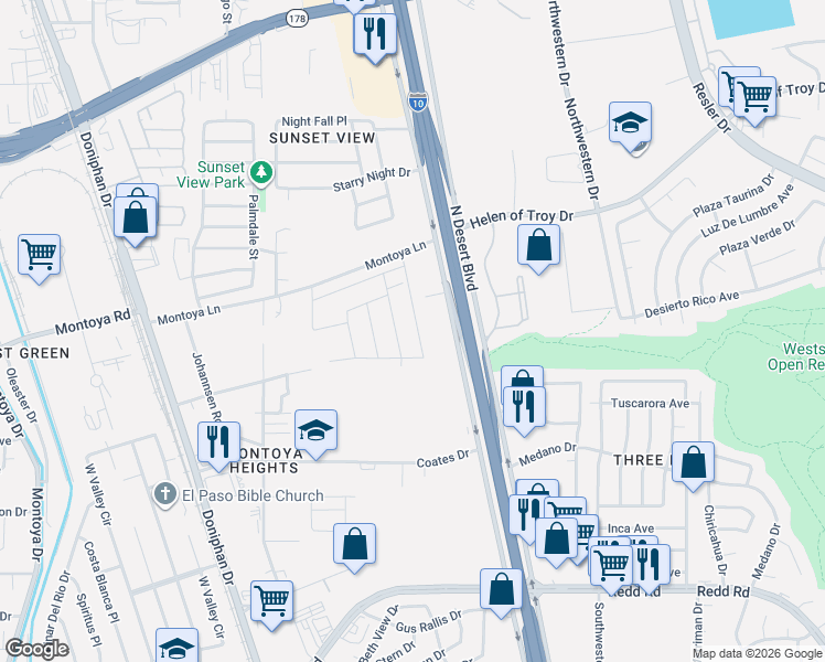 map of restaurants, bars, coffee shops, grocery stores, and more near 6069 Stone Wash Street in El Paso