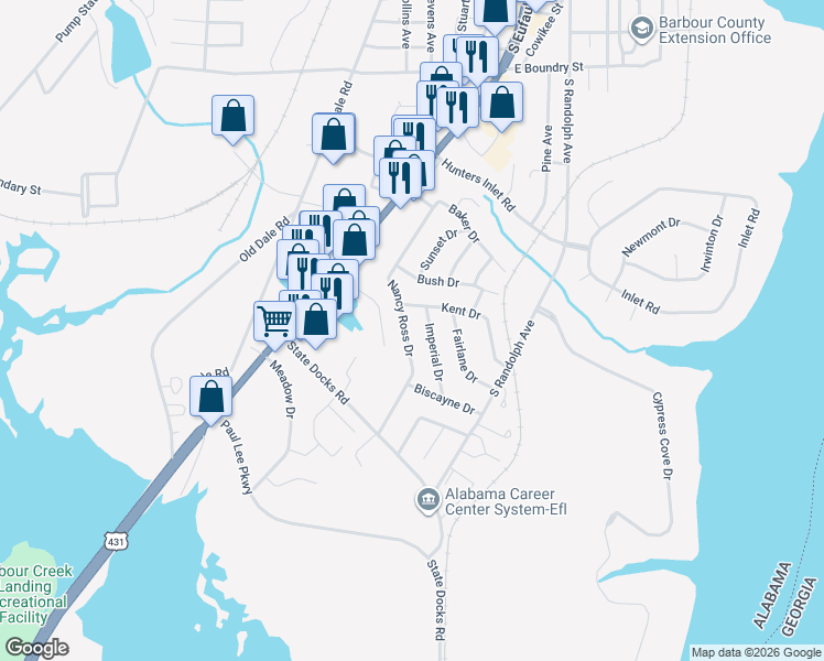map of restaurants, bars, coffee shops, grocery stores, and more near 307 Nancy Ross Dr in Eufaula