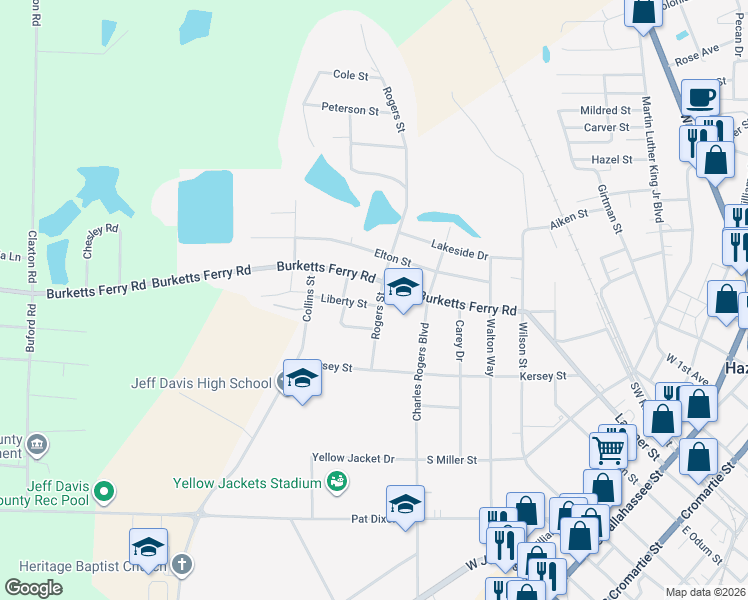 map of restaurants, bars, coffee shops, grocery stores, and more near 33 Rogers Street in Hazlehurst