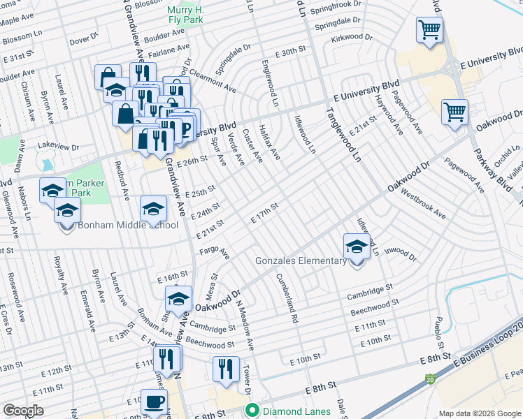 map of restaurants, bars, coffee shops, grocery stores, and more near 2605 East 17th Street in Odessa
