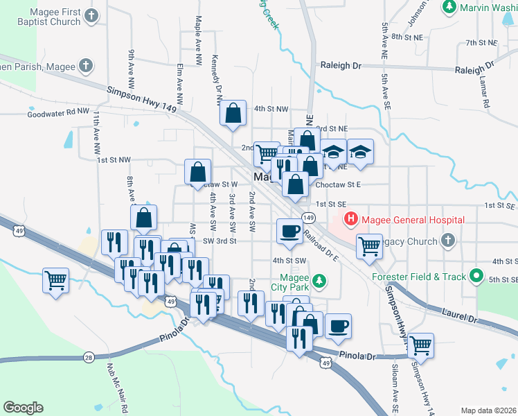 map of restaurants, bars, coffee shops, grocery stores, and more near 205 2nd Avenue Southwest in Magee