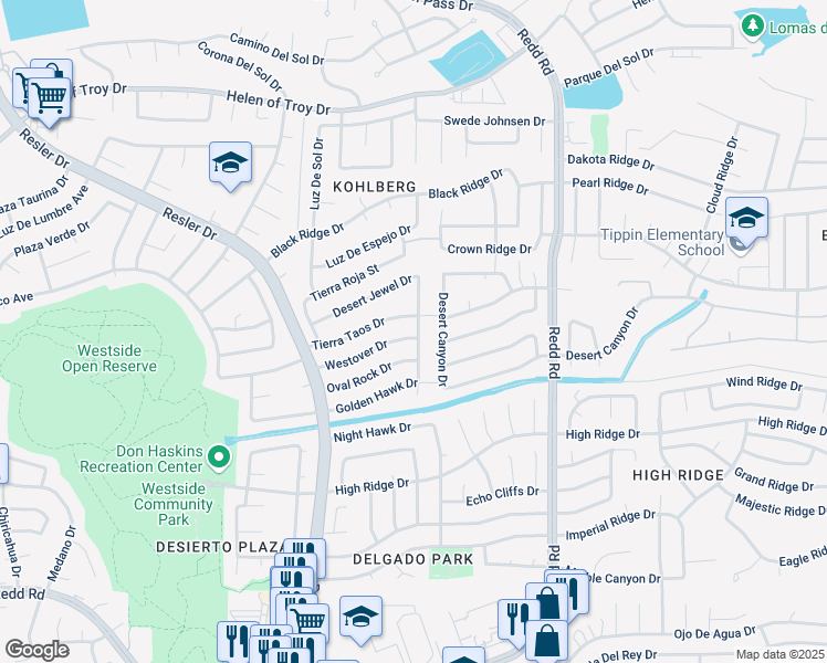map of restaurants, bars, coffee shops, grocery stores, and more near 7101 Westover Drive in El Paso