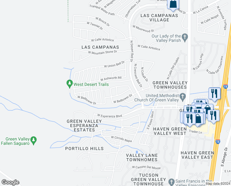 map of restaurants, bars, coffee shops, grocery stores, and more near 127 North Bellhaven Drive in Green Valley