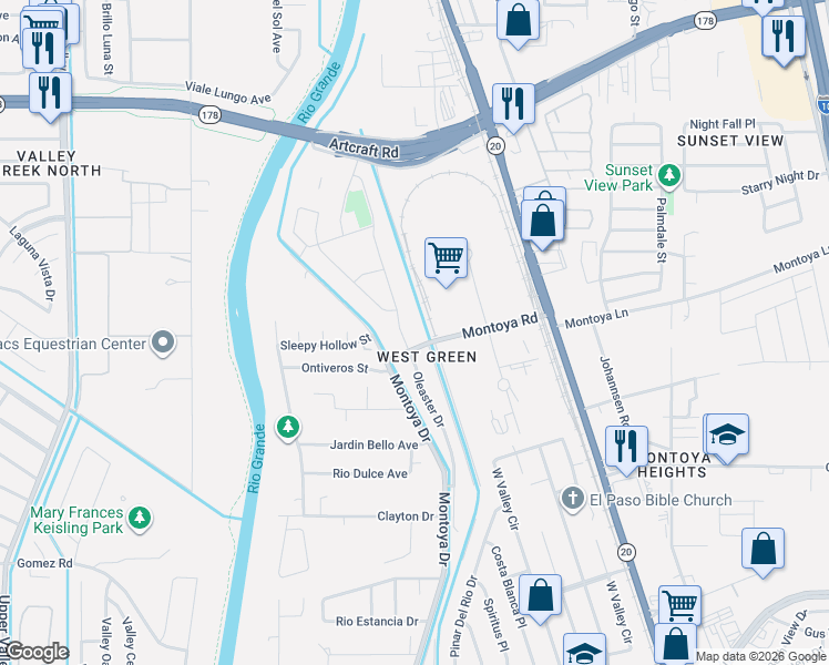 map of restaurants, bars, coffee shops, grocery stores, and more near 6004 Oleaster Dr in El Paso