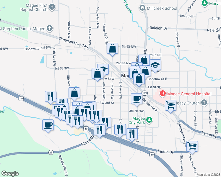 map of restaurants, bars, coffee shops, grocery stores, and more near 202 3rd Avenue Southwest in Magee