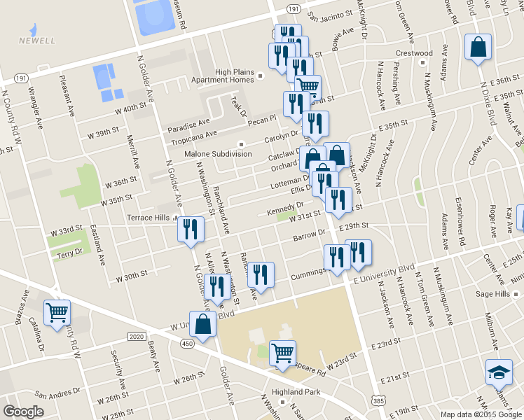 map of restaurants, bars, coffee shops, grocery stores, and more near 320 Kennedy Drive in Odessa