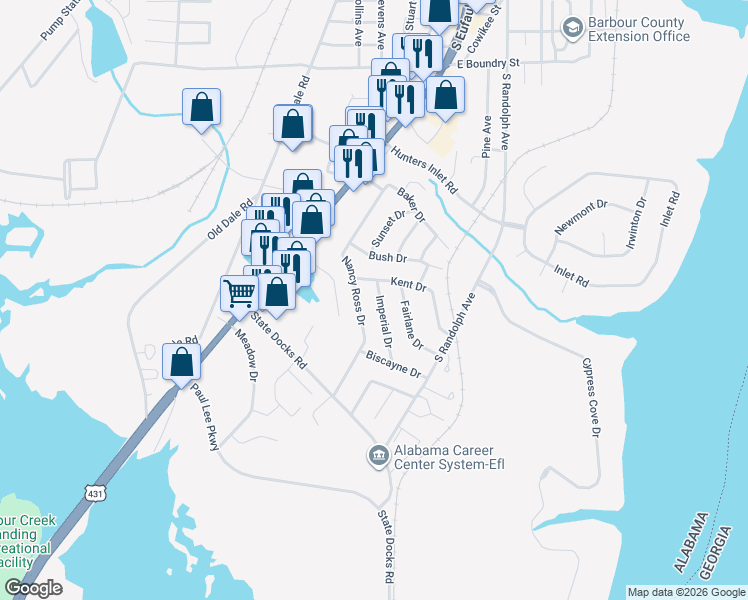 map of restaurants, bars, coffee shops, grocery stores, and more near 307 Nancy Ross Dr in Eufaula