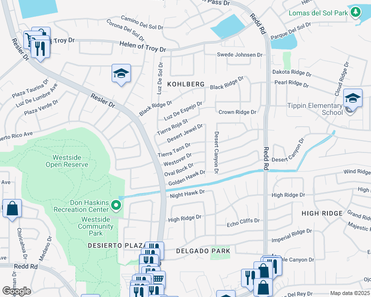 map of restaurants, bars, coffee shops, grocery stores, and more near 7136 Tierra Taos Drive in El Paso