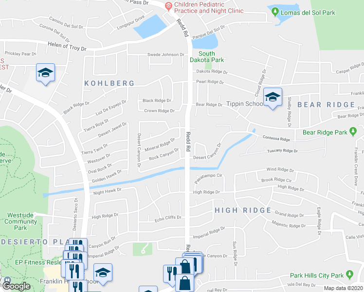 map of restaurants, bars, coffee shops, grocery stores, and more near 6905 Rock Canyon Drive in El Paso