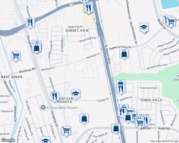 map of restaurants, bars, coffee shops, grocery stores, and more near 6080 Pocket Place in El Paso