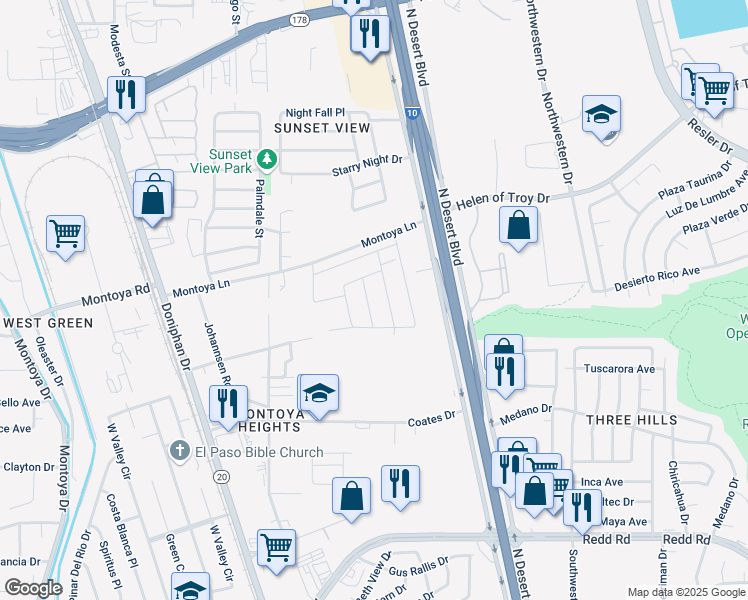 map of restaurants, bars, coffee shops, grocery stores, and more near 6080 Pocket Place in El Paso