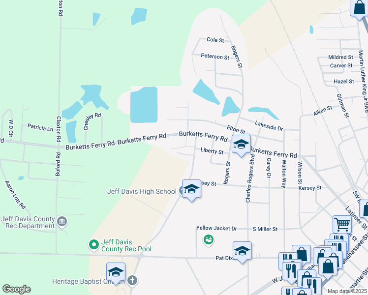 map of restaurants, bars, coffee shops, grocery stores, and more near 131 Burketts Ferry Road in Hazlehurst