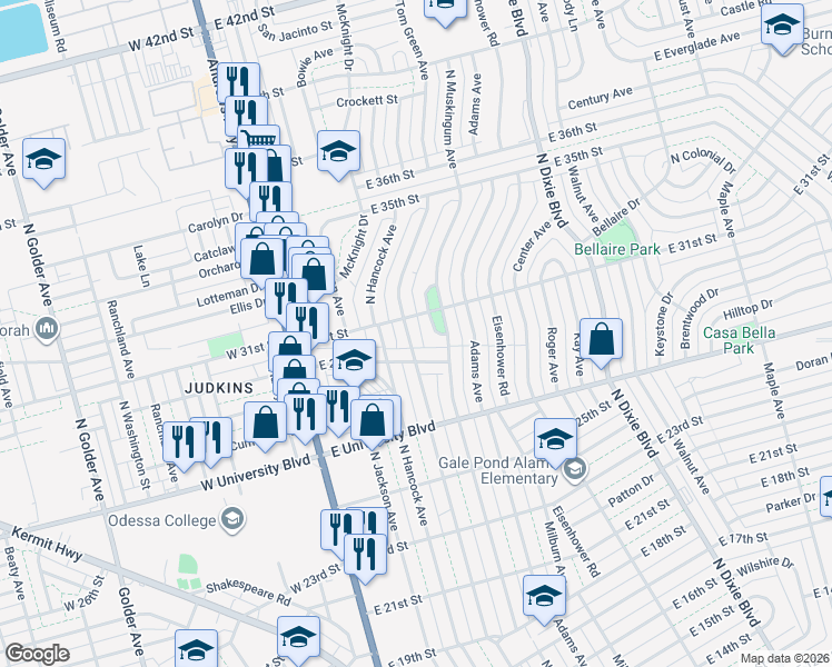 map of restaurants, bars, coffee shops, grocery stores, and more near 2900-2906 North Tom Green Avenue in Odessa