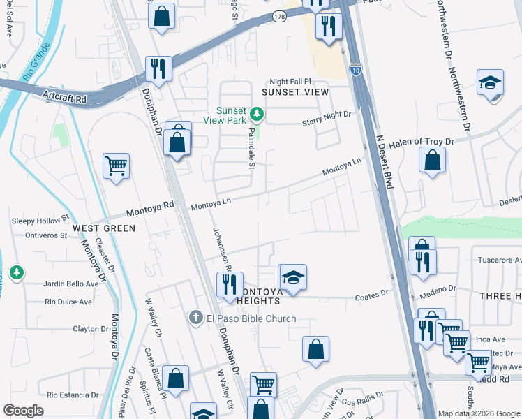 map of restaurants, bars, coffee shops, grocery stores, and more near 5980 Ethel Road in El Paso
