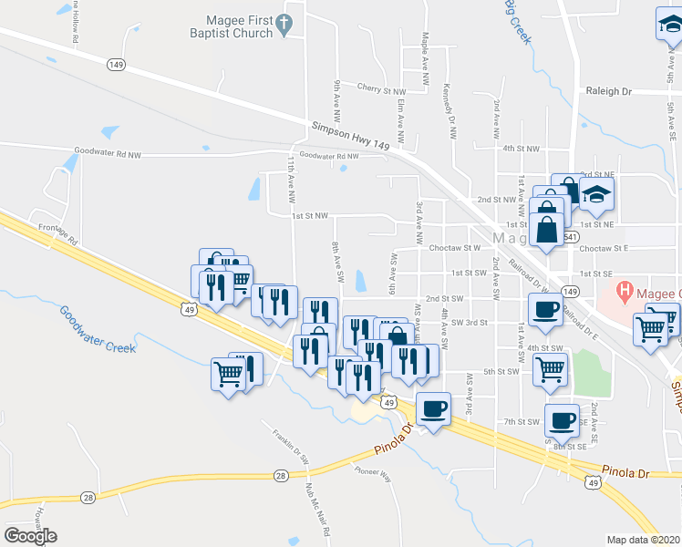 map of restaurants, bars, coffee shops, grocery stores, and more near 8th Avenue Southwest in Magee
