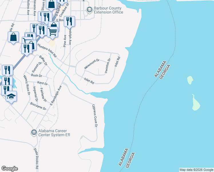 map of restaurants, bars, coffee shops, grocery stores, and more near 524 Inlet Road in Eufaula