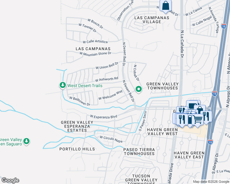 map of restaurants, bars, coffee shops, grocery stores, and more near 830 West Welcome Way in Green Valley
