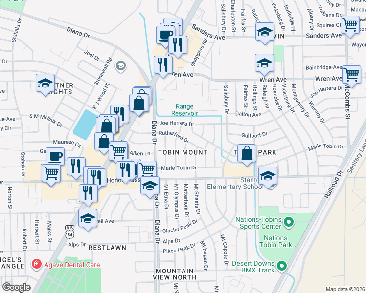 map of restaurants, bars, coffee shops, grocery stores, and more near 9131 Matterhorn Drive in El Paso