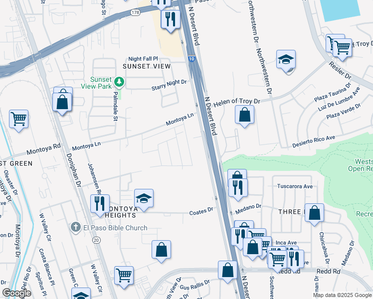 map of restaurants, bars, coffee shops, grocery stores, and more near 6069 Stone Wash Street in El Paso