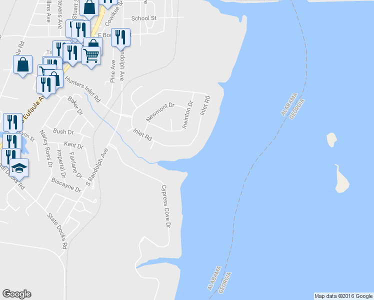 map of restaurants, bars, coffee shops, grocery stores, and more near 524 Inlet Road in Eufaula