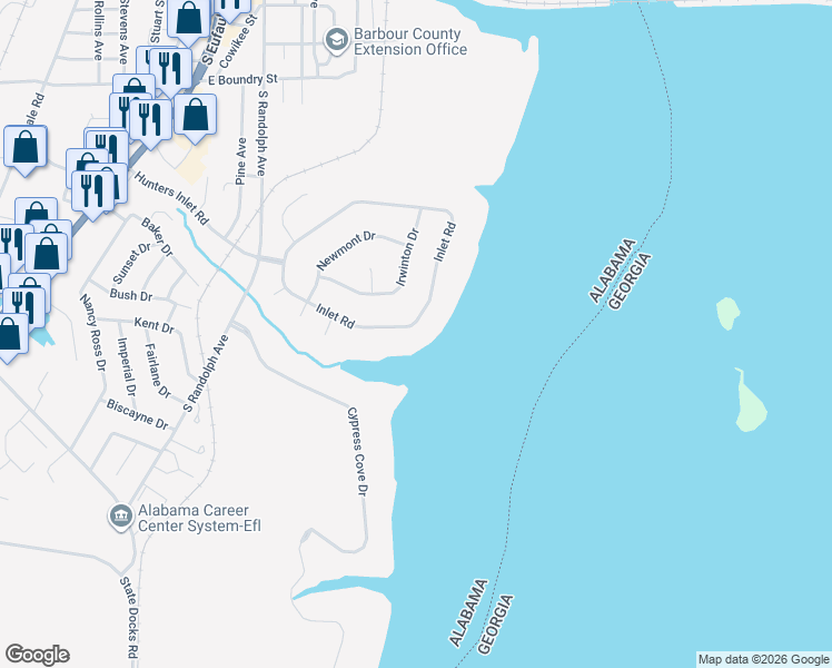 map of restaurants, bars, coffee shops, grocery stores, and more near 524 Inlet Road in Eufaula