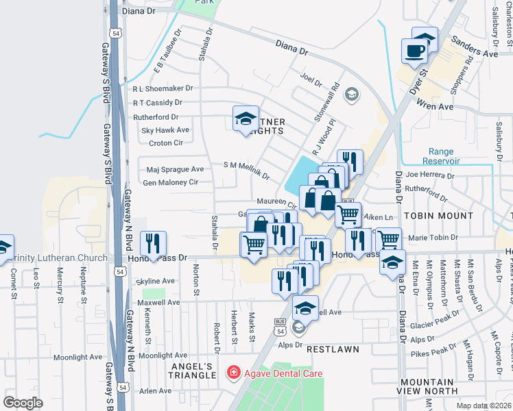 map of restaurants, bars, coffee shops, grocery stores, and more near 1700 Bismark Place in El Paso