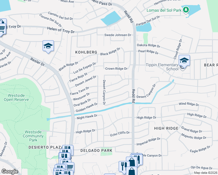 map of restaurants, bars, coffee shops, grocery stores, and more near 7025 Mineral Ridge Drive in El Paso