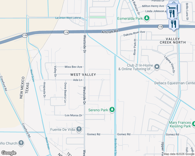 map of restaurants, bars, coffee shops, grocery stores, and more near 5892-5998 Westside Drive in El Paso