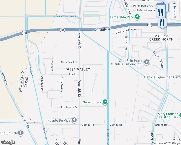 map of restaurants, bars, coffee shops, grocery stores, and more near 5892-5998 Westside Drive in El Paso