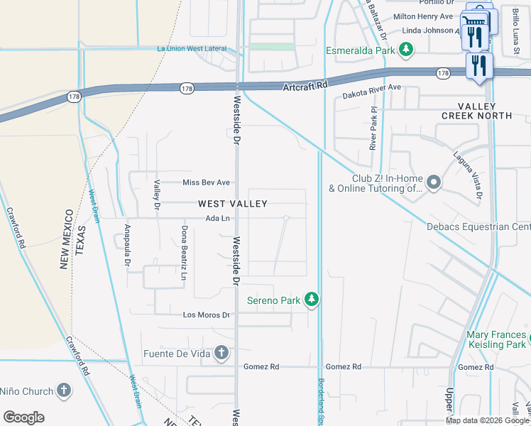 map of restaurants, bars, coffee shops, grocery stores, and more near 5892-5998 Westside Drive in El Paso