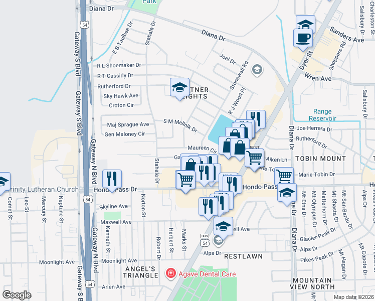 map of restaurants, bars, coffee shops, grocery stores, and more near 1700 Bismark Place in El Paso
