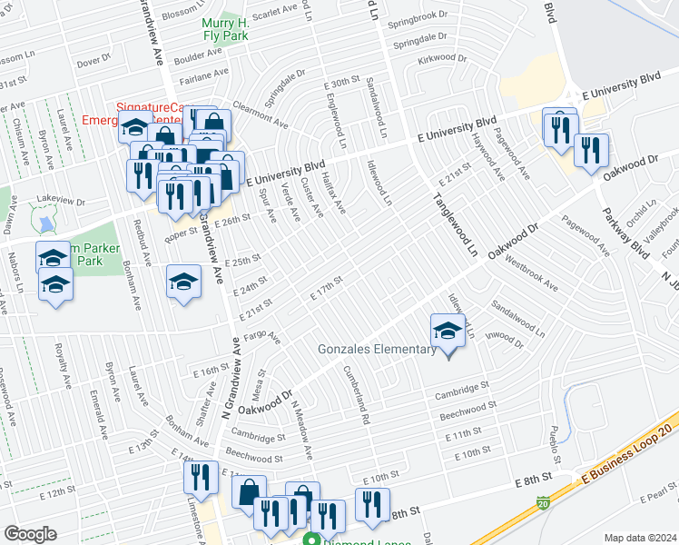 map of restaurants, bars, coffee shops, grocery stores, and more near 2615 East 17th Street in Odessa