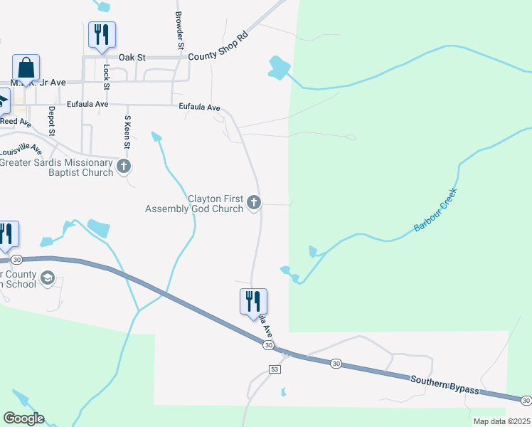 map of restaurants, bars, coffee shops, grocery stores, and more near 260 Eufaula Avenue in Clayton