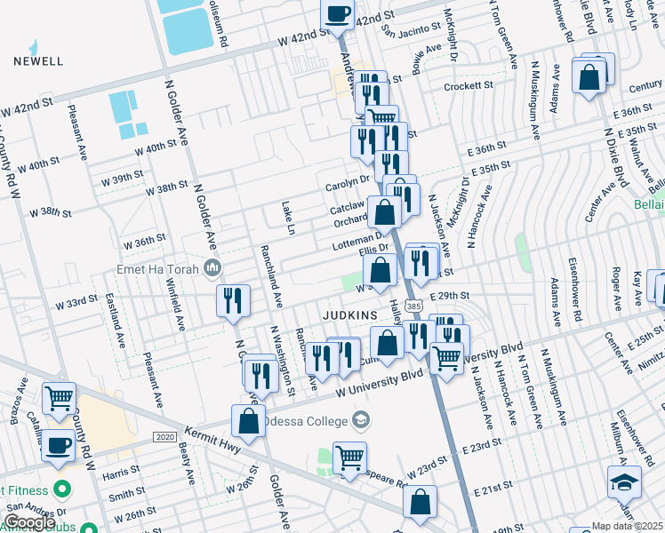 map of restaurants, bars, coffee shops, grocery stores, and more near 320 Kennedy Drive in Odessa