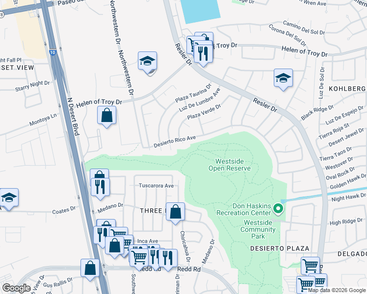 map of restaurants, bars, coffee shops, grocery stores, and more near 1589 Plaza Canada Court in El Paso