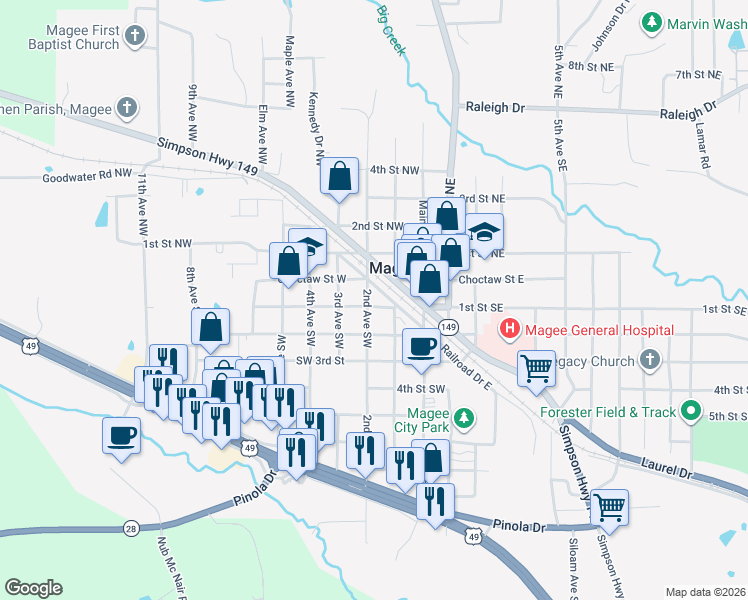 map of restaurants, bars, coffee shops, grocery stores, and more near 205 2nd Avenue Southwest in Magee