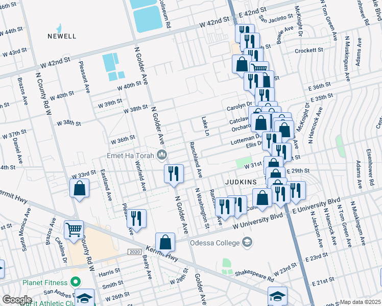map of restaurants, bars, coffee shops, grocery stores, and more near 501-599 Ellis Drive in Odessa