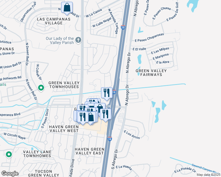 map of restaurants, bars, coffee shops, grocery stores, and more near 90 West Esperanza Boulevard in Green Valley
