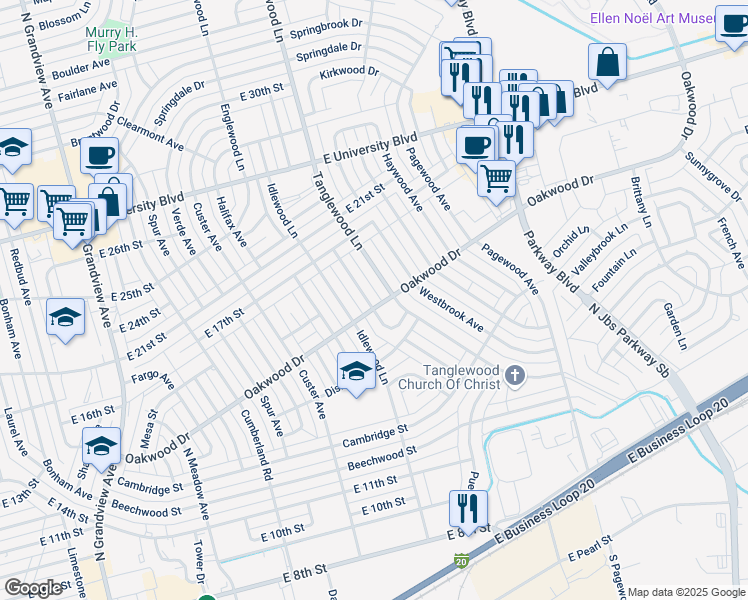 map of restaurants, bars, coffee shops, grocery stores, and more near 1517 Tanglewood Ln in Odessa